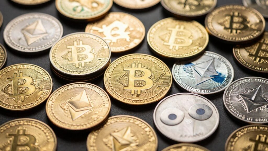 Diverse cryptocurrency coins forming a balanced, upward trend.