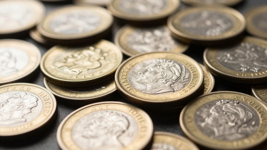 Gold and silver coins reflecting light.