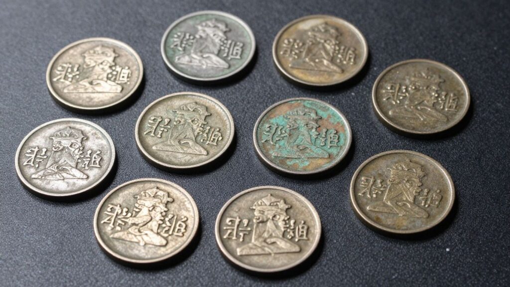 Bronze coins, some with green patina, others clean.