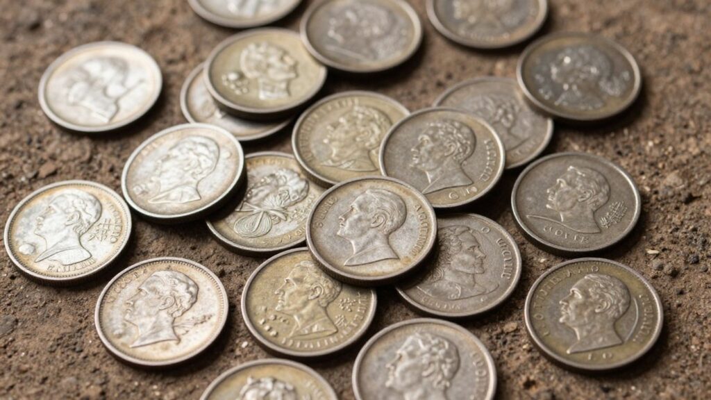 Close-up of old coins, some tarnished, on an earthy surface.