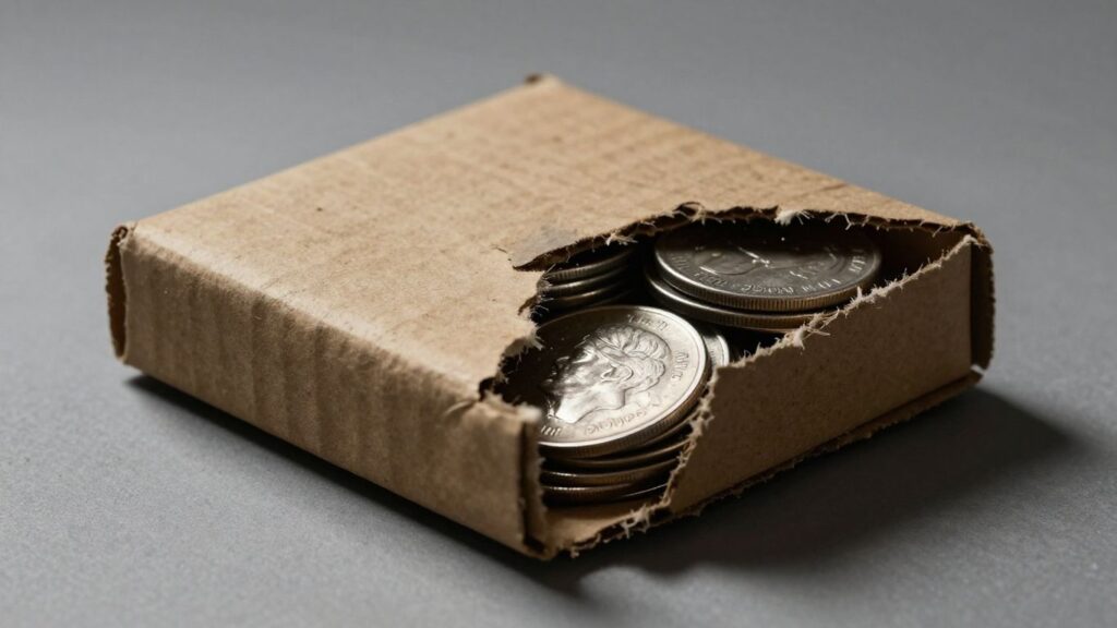 Damaged cardboard coin holder with tarnished silver coins inside.