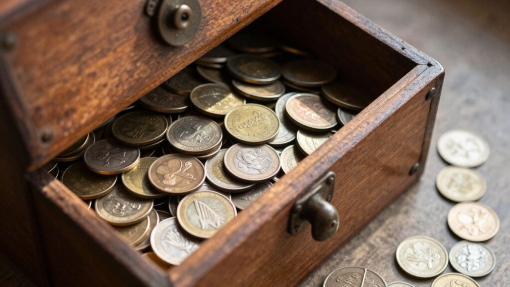 Wooden bank box filled with old coins, treasure hunt.