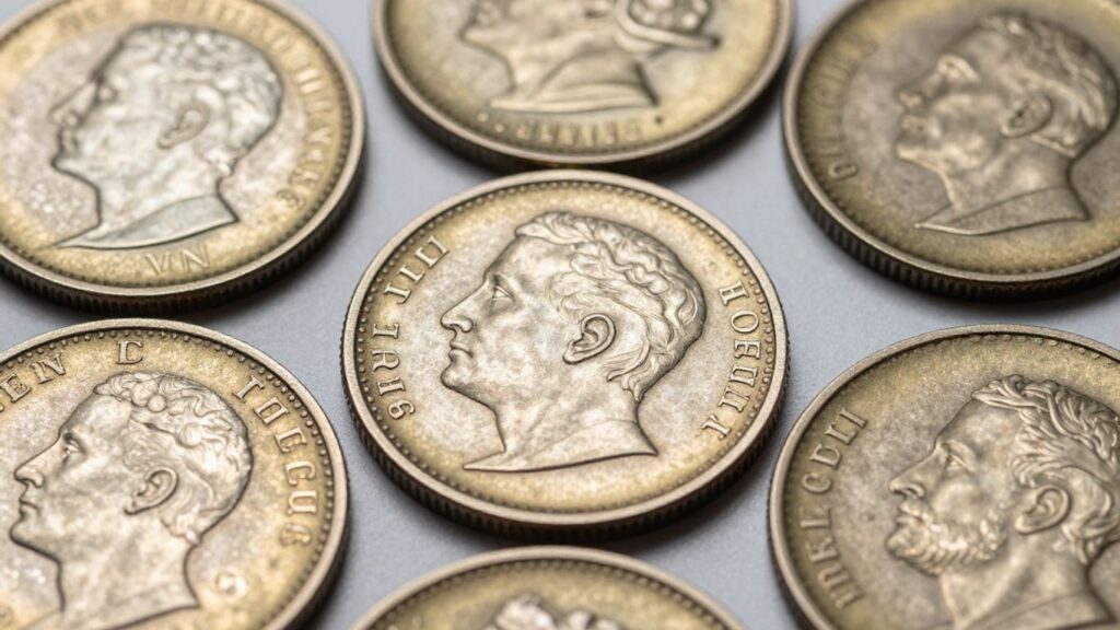 Close-up of semi-numismatic coins with detailed designs.