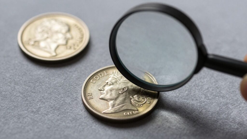 Close-up of a coin with a magnifying glass.