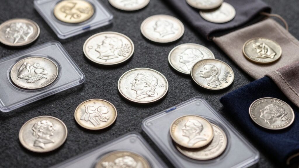 Silver coins in protective holders and bags.