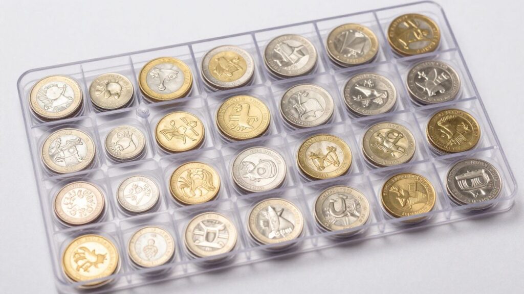 Rigid plastic coin holders with various coins inside.