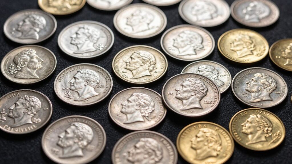 Collection of various coins, silver dollars, and gold pieces.