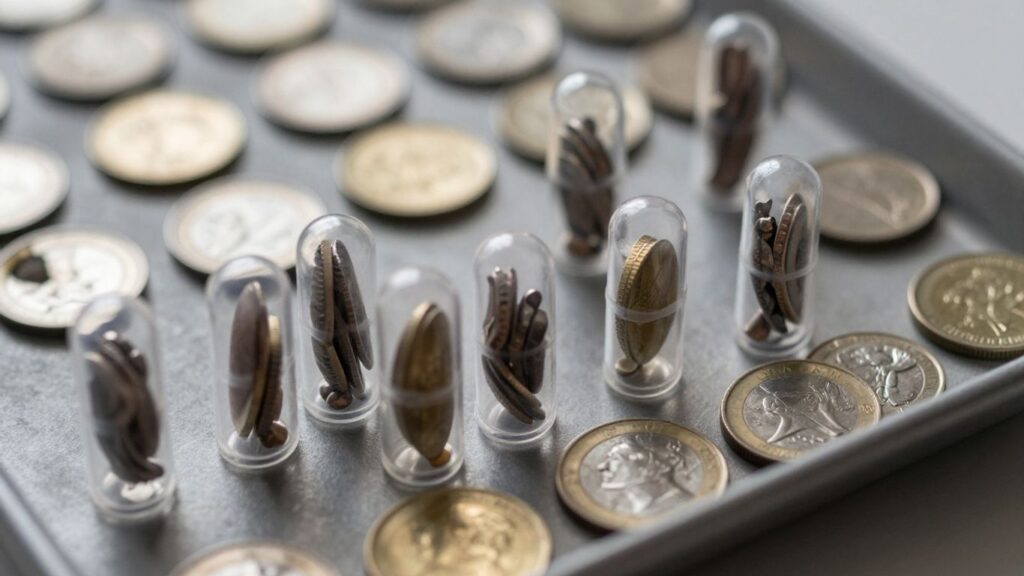 Various coin capsules with coins inside.