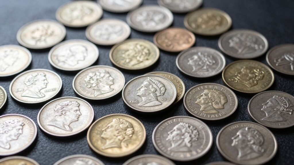 Collection of old coins with intricate designs.