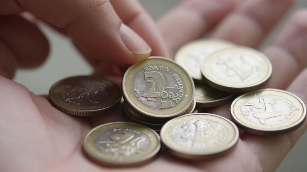 Hand holding a roll of coins, coin hunting