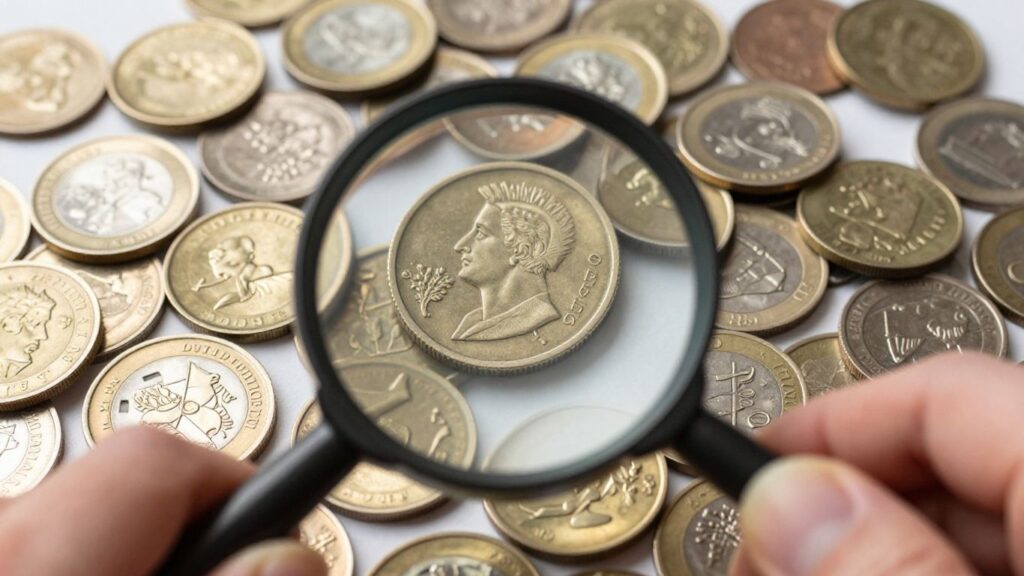 Magnifying glass over valuable coins