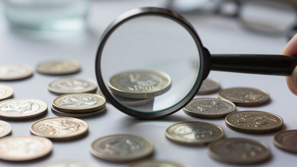 Magnifying glass inspecting various coins for authenticity.