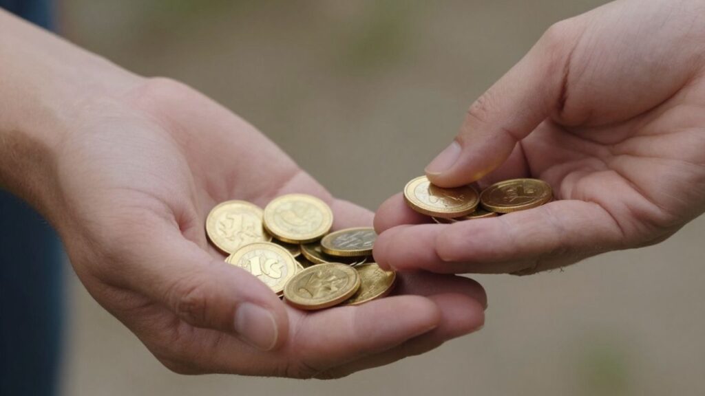 Hands exchanging gold coins, negotiation concept.