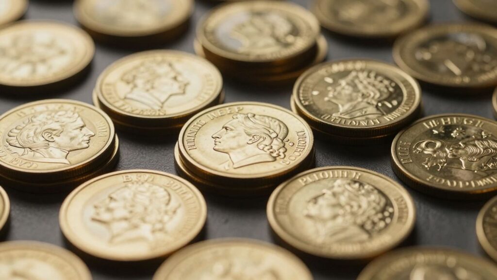Gold bullion coins stacked securely in a vault.