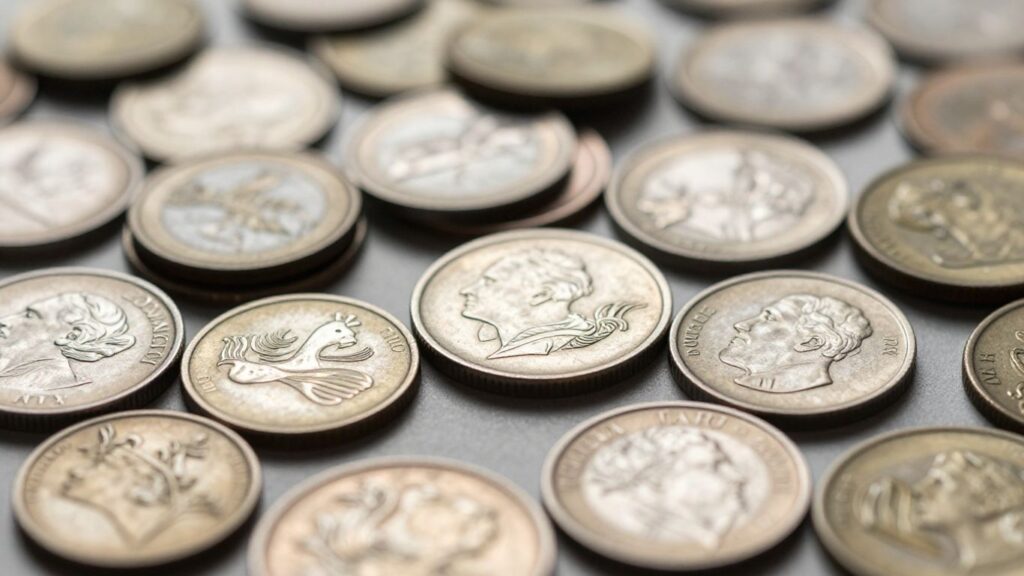 Close-up of various coins with detailed metallic textures.