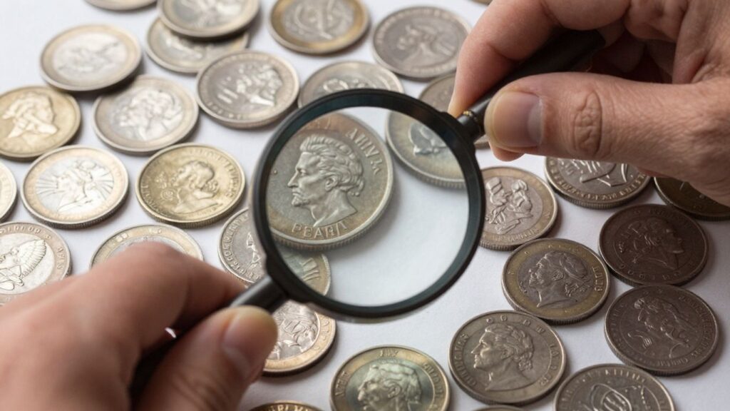 Magnifying glass over various old coins.