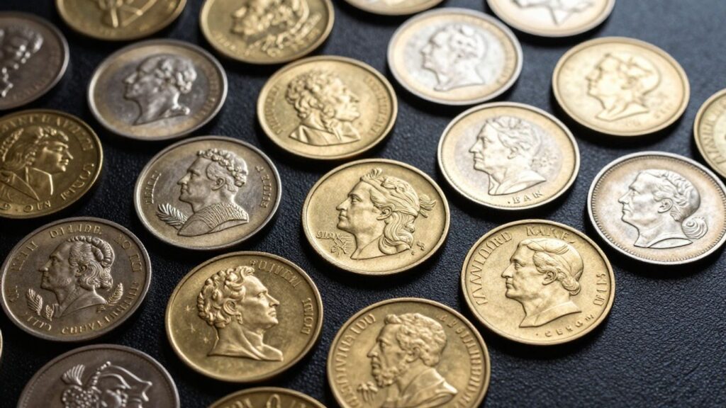 Collection of valuable coins, close-up view.