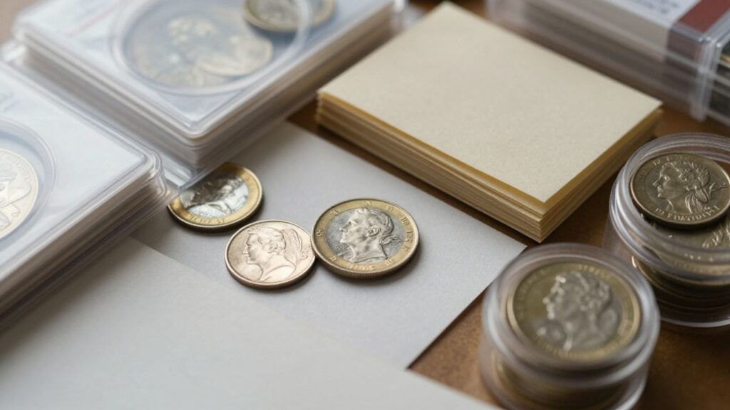 Archival coin storage materials protecting valuable coins.